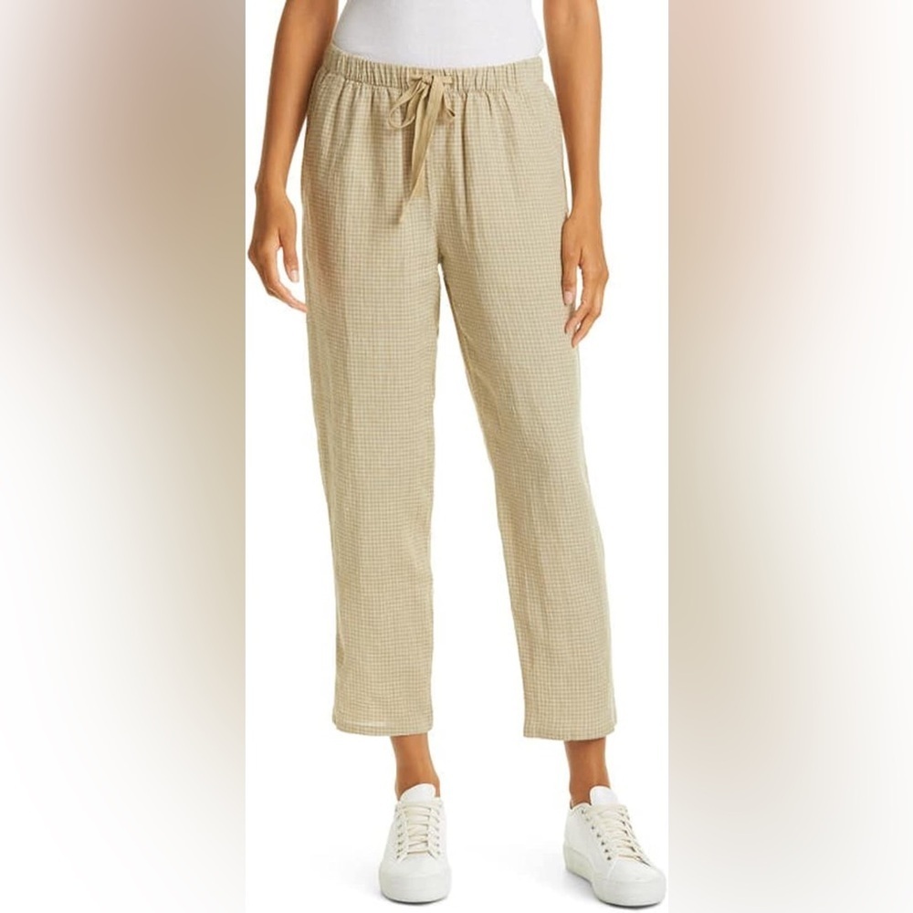 Eileen Fisher Organic Linen Tapered Ankle Pants Tan Check Elastic Waist Large